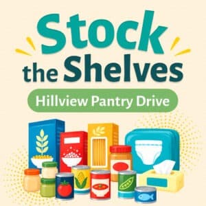 Reads "Stock the Shelves: Hillview Pantry Drive" with colorful canned goods, boxed pantry items, and diapers.