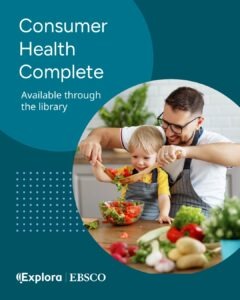 Adult and child making a salad together in a kitchen; text states that Consumer Health Complete is available through the library.