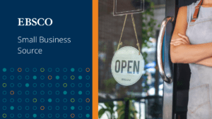Image reads "EBSCO Small Business Center" and shows the side of a person in an apron standing in front of a glass door with an "OPEN" sign in the window.