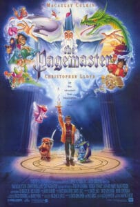 The Pagemaster movie poster; shows a young boy holding a sword pointed towards a cloudy of magical and mystical creatures