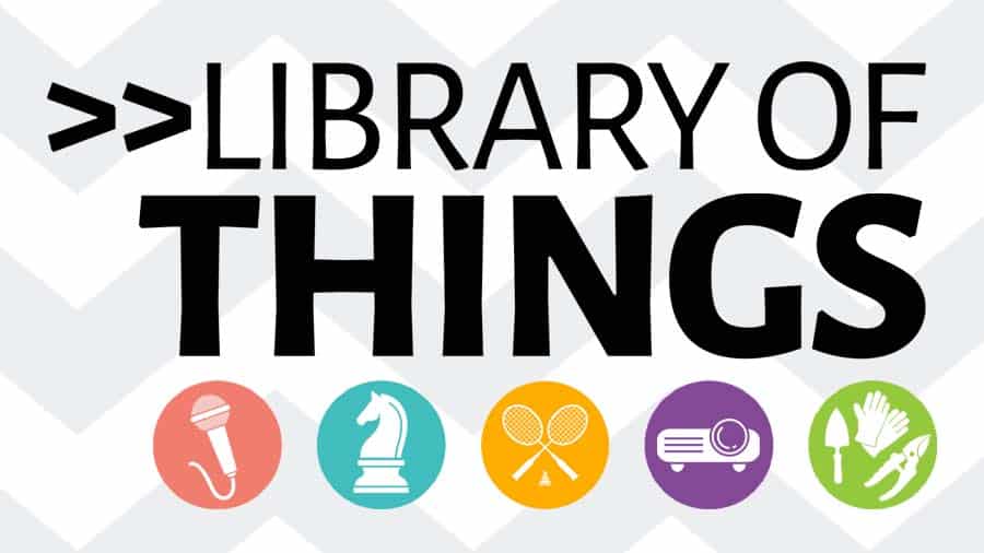Library of Things logo; shows icons for a microphone, chess piece, badminton set, projector, and gardening tools
