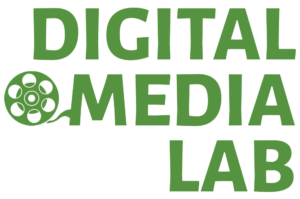 In BCPL green, image reads Digital Media Lab in all caps with a film reel extending from the word Media.