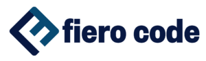 Image shows a sideways white "F" encased in a black and navy square. Text beside the logo symbol read "fiero code" in all lowercase characters in a heavy black font.