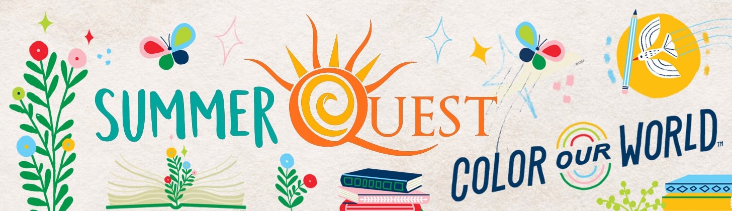 Reads SummerQuest: Color Our World with vibrant draewings of flowers, butterflies, books, and a flyer bird with a pencil
