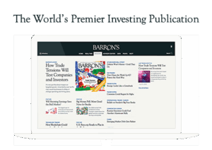 A screenshot of the Barron’s website displayed on a computer monitor, showing headlines and featured articles. Text above the image reads: “The World’s Premier Investing Publication.”