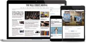 Image displaying The Wall Street Journal website across multiple devices: a laptop, smartphone, and tablet. Each screen shows different WSJ articles and content, highlighting the digital accessibility of the publication on various platforms.