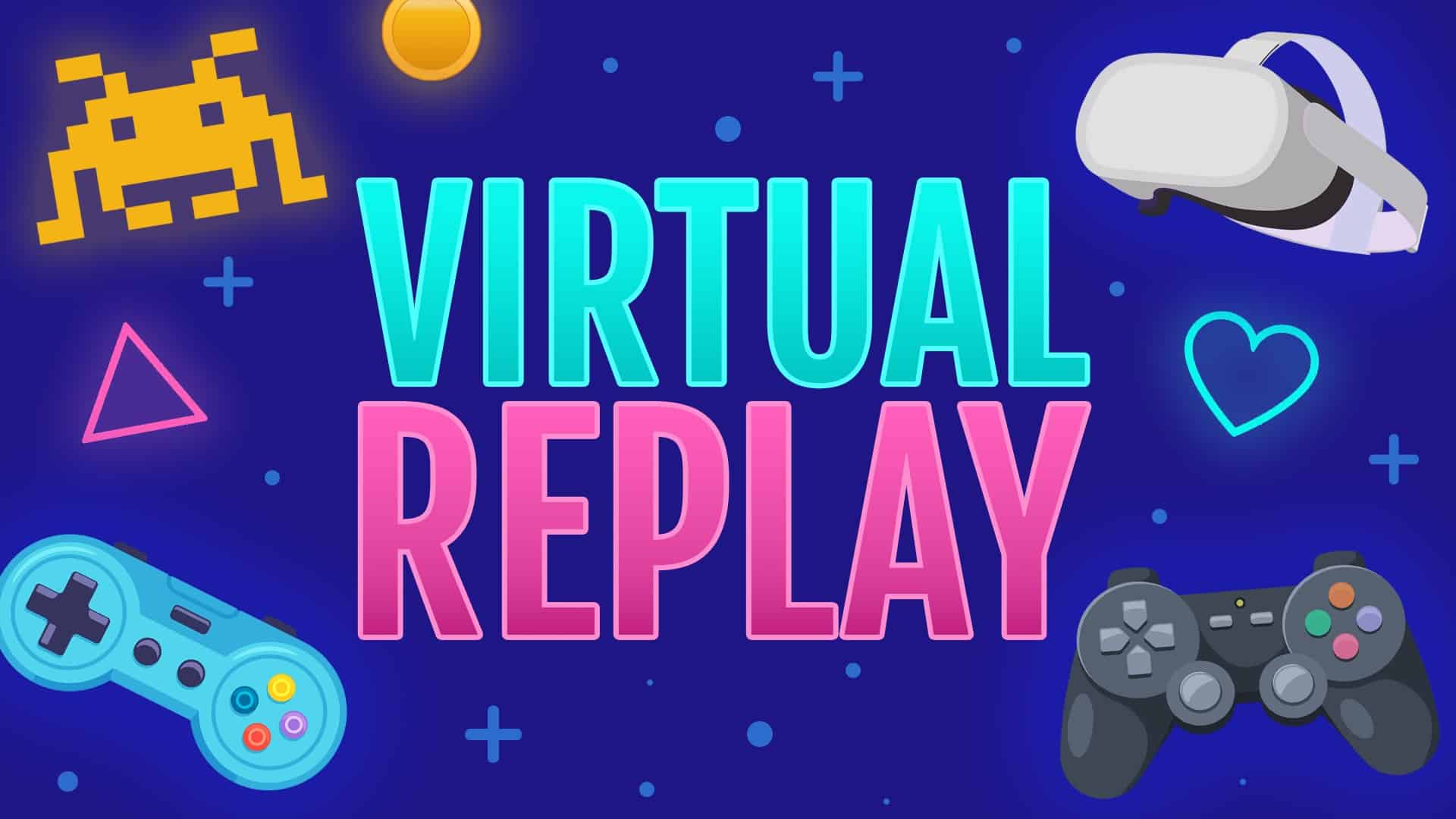 reads "Virtual Replay" against a blue background. To the left of the title is an arcade game character, a game coin, and a game controller. To the right of the title is a VR headset and a new game controller.