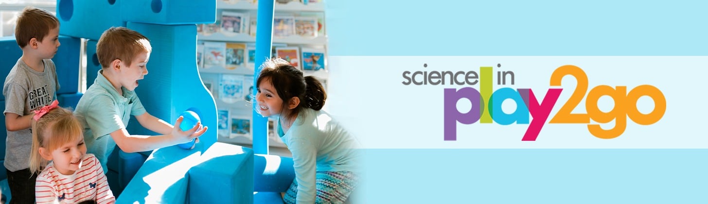Collage of children and families enjoying the exhibit beside the Science in Play2Go brandmark
